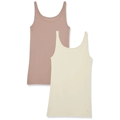 Image of Amazon Essentials Women&#039;s Slim Fit Thin Strap Tank Top, Pack of 2, Dark Taupe, XS