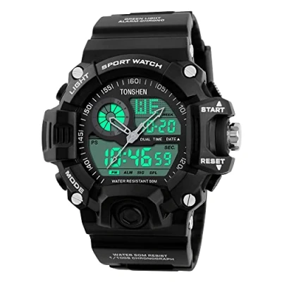 Image of TONSHEN Men&#039;s Military Sport Watches Multifunction Waterproof Analog Display Dual Dial Two Timezone Electronic 12H/24H Time Calendar Day Date 164FT 50M Water Resistant Digital Wristwatch (Black)
