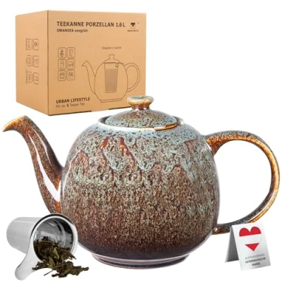 Image of Teapot Swansea with Strainer, 1.6 L, Made of Porcelain by URBAN LIFESTYLE, drip Free teapot. Tea Pot Strainer. (Green)