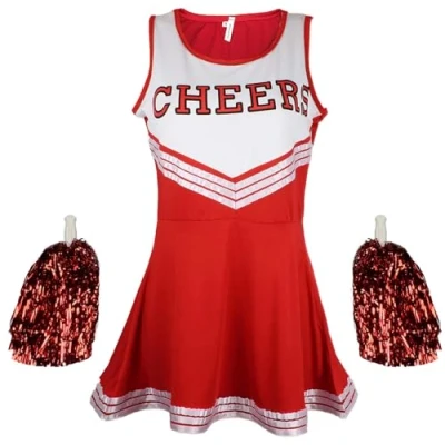 Image of Cheerleader Costume Women Fancy Dress Uniform High School Outfit with Pom Poms Red Cheerleader, Ladies XXL