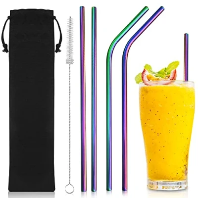 Image of iShop Reusable Metal Drinking Straws Set of 4 Premium Rainbow Stainless Steel Straw with Cleaning Brush Eco Friendly FDA BPA Free Velvet Travel Pouch Ideal for and Home