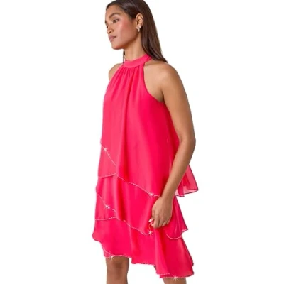 Image of Roman Originals Chiffon Dress for Women UK Ladies Swing Layered Frilled Tiered Mini Short Length 20s Special Occasion Event Cocktail Party Evening Going Out Coral Sparkle Size 18