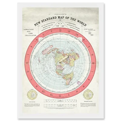 Image of Artery8 1892 World Time Calculator Flat Earth Map Gleason A4 Artwork Framed Wall Art Print