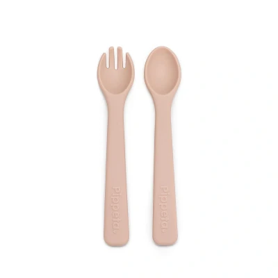 Image of Pippeta Silicone Spoon &amp; Fork Baby Cutlery Feeding Set Toddler Utensils Spoons Forks, Self Utensil Easy Grip Kit for Infant weaning Learning to Use Ash Rose