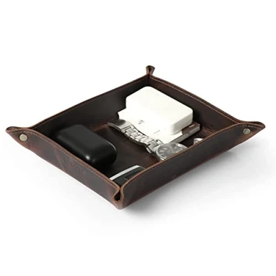 Image of LONDO Genuine Leather Tray Organizer Caddy, Practical Storage Box Valet for Wallets, Watches, Keys, Coins, Phones, Sunglasses and Office Equipment