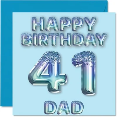 Image of 41st Birthday Card for Dad Blue Glitter Party Balloons Happy Cards 41 Year Old Father from Son Daughter, 145mm x Bday Greeting Gift