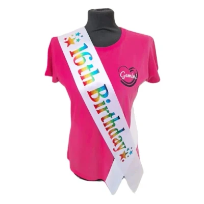 Image of 16 Birthay Sash Star 16th Birthday Beautiful Quality White Ribbon and Holographic Rainbow Font