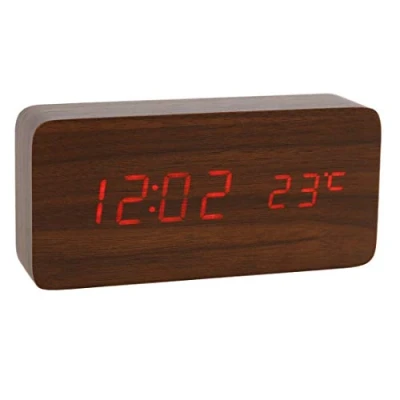 Image of Lancoon Wooden Digital Clock Multi function LED Alarm with Time/Date/Temperature Display and Voice Control for Home Office Travel AC11Brown_Red