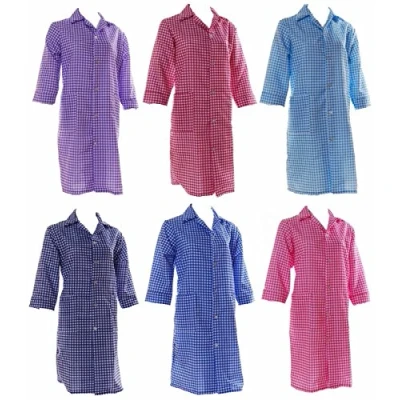 Image of Norma Ladies 3/4 Sleeve Overall, Button Fastening, Gingham Pattern, (Royal Blue, WX 12 14)
