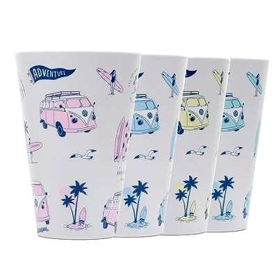 Image of Puckator VW Volkswagen Camper Bus Explore More 4 Pc Picnic Cups 450ml Out of Rec&#039; Plastic Bottles Tumblers Reusable Camping Mugs Set Unbreakable Glasses for Kids Adults