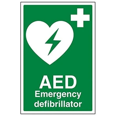 Image of VSafety AED Emergency Defibrillator Sign Portrait 200mm x 300mm Self Adhesive Vinyl