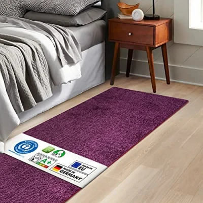 Image of KARAT Barcelona Bed Rug, Shaggy Border, Rug Runner for Bedroom, Living Room, Fluffy Carpet (67 x 160 cm, Berry)