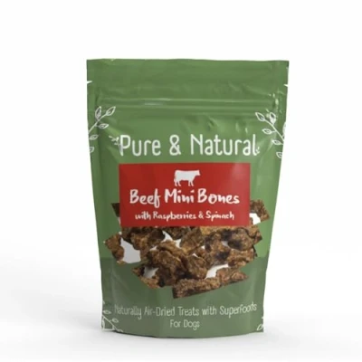 Image of Pure &amp; Natural Superfoods Air Dried Beef Mini Bones Treats with Raspberries Spinach Healthy Dog Chews and UK 100g