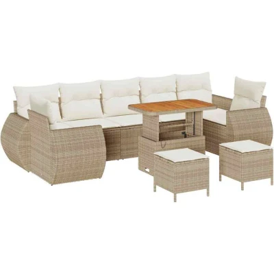 Image of vidaXL 10 Piece Garden Sofa Set with Cushions Beige Poly Rattan Acacia