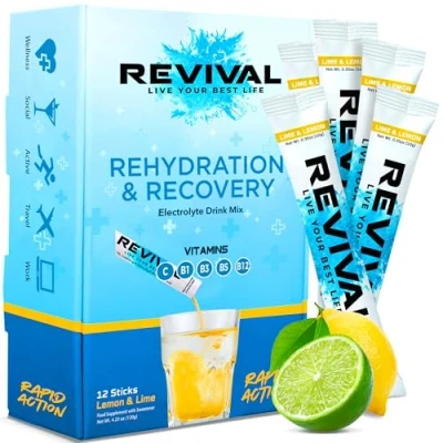 Image of Revival Rapid Rehydration Electrolytes Powder High Strength Vitamin C, B1, B3, B5, B12 Supplement Sachet Drink, Effervescent Electrolyte Hydration Tablets 12 Pack Lemon Lime