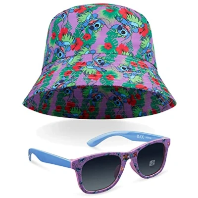 Image of Disney Stitch Sunglasses and Bucket Hat Summer Accessories Set for Girls Lightweight Breathable One Size Sun 100% UV Protection Kids Travel Holiday Gifts (Purple/Multi)
