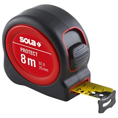 Image of SOLA Protect Tape Measure 8 m / 25 mm Robust with Belt Clip Steel Tape, Yellow Painted Scale Accuracy Class II Roll Meter Movable End Hook Length