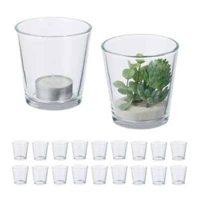 Image of Relaxdays Tealight Holders, Set of 20, Glass Candle Jars, Votive, HWD: 7.5 x cm, Decorative Light, Transparent