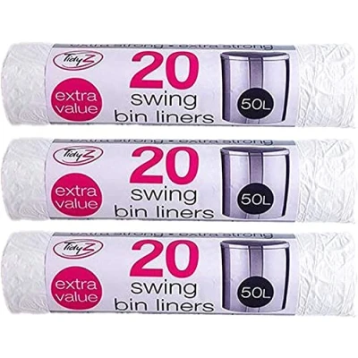 Image of TidyZ 20 x Extra Strong Swing Bin Liners with Tie Handles Refuse Sacks White 50 Litres 90 120cm (20 Bags)