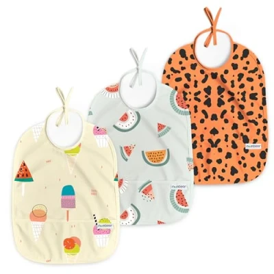 Image of Nombear ® Sleeveless Baby Weaning Bib Waterproof Bibs 6 12 Months for Led Weaning, Feeding Bibs, Toddler Bib, Food Apron, 3 Pack (Ice Cream, Watermelon, Animal)
