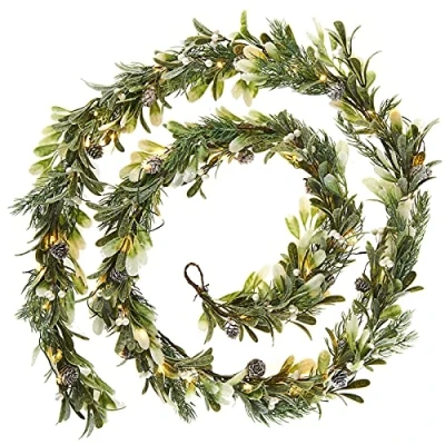 Image of WeRChristmas Pre Lit Frosted Mistletoe Garland, 55 Warm White LED Lights, Green, 9 ft / 2.7 m