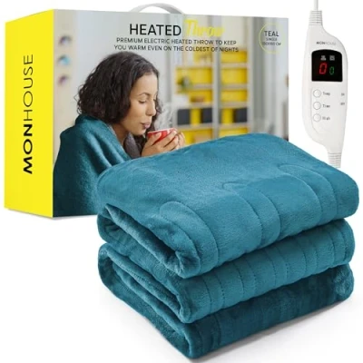 Image of MONHOUSE Heated Throw Electric Blanket Digital Controller Timer up to 9 hours, Heat Settings, Auto Shutoff Machine Washable Single 130X160cm TEAL
