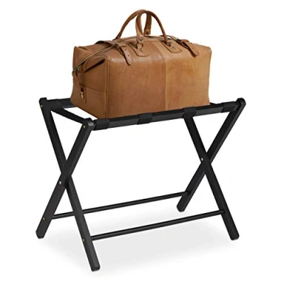 Image of Relaxdays folding luggage rack, suitcase, 44 x 66 54.5 cm, wooden, valet stand for home &amp; hotel, black, 80% wood 20% polyester, 1 piece