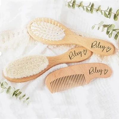 Image of 3 Piece Personalized Custom Baby Brush and Comb Set Newborn,Baby Hair Brush,Wooden Comb,Cradle Cap,Natural Goat Bristles Brush, for Newborns Toddlers Perfect Shower Registry