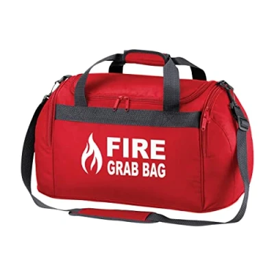 Image of Printed School Evacuation Fire Grab Bag with Flame Logo Graphic Red Emergency Kit &amp; Documents 26 Litre Compact Holdall