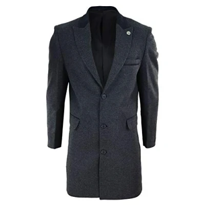Image of TruClothing Mens 3/4 Long Overcoat Jacket Herringbone Tweed Coat Fit Charcoal