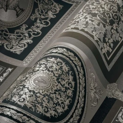 Image of Versace Wallpaper Baroque Luxury Floral 387044 Silver Black Grey Designer Logo Medusa 10.05 x 0.70 m Made in Germany