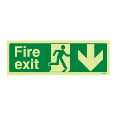 Image of V Safety 14002AX GS Glow In The Dark Fire Exit Arrow Down Sign 300mm x 100mm Self Adhesive Vinyl