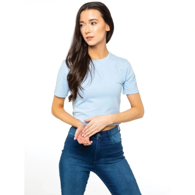 Image of 989Zé ENZO Womens Short Sleeve Crop Top Round Neck T Shirt Fashion Tee EZLTS593 Tshirt Sky Blue L