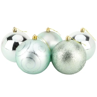 Image of Christmas Concepts® Pack of 5 100mm (4&quot;) Large Baubles Shiny, Matte &amp; Glitter Design Decorations (Mint Green)