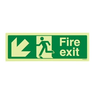 Image of V Safety 14005AX GS Glow In The Dark Fire Exit Arrow Down Left Sign 300mm x 100mm Self Adhesive Vinyl