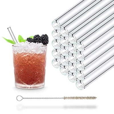 Image of Halm Glass Drinking Straws Short 20 Pieces Straight 15 cm Straw Set Reusable + Plastic Free Cleaning Brush Sippers for Cocktail Tumblers, Children&#039;s Beakers Smoothie