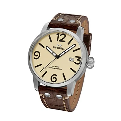 Image of TW Steel Maverick Unisex Quartz Watch with Beige Dial Analogue Display and Brown Leather Strap MS21