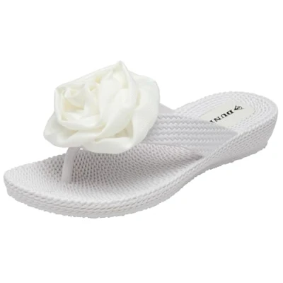 Image of DUNLOP Womens Summer Sandals Comfort Low Wedge Corsage Flower Occasion Flip Flops (White, UK Footwear Size System, Adult, Women, Numeric, Medium, 6)