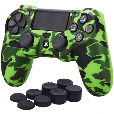 Image of YoRHa Water Transfer Printing Camouflage Silicone Cover Skin Case for Sony PS4/slim/Pro Dualshock 4 Controller x 1(green) With Pro thumb grips 8