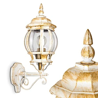 Image of Outdoor Wall lamp Lentua, Upwards in Antique Look, cast Aluminium White/Gold with Plastic Discs, Light, E27 socket, for Terrace, Veranda and Courtyard, Without Bulb