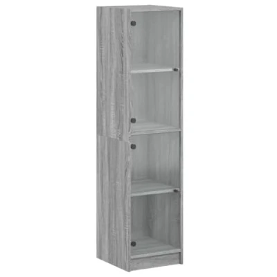 Image of vidaXL Highboard with Glass Doors Grey Sonoma Storage Cabinet for Living Room/Bedroom/Dining Area, 35x37x142 cm, Engineered Wood Modern Furniture
