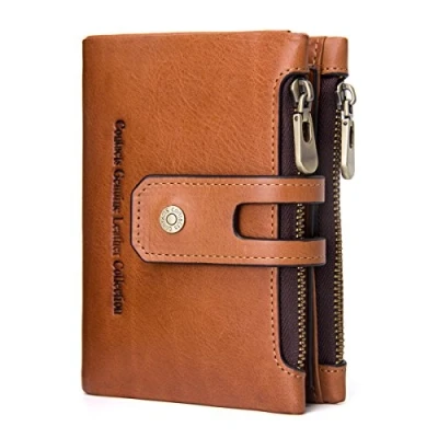 Image of Contacts MensGenuine Leather Wallet RFID Blocking Bifold Zipper Coin Pocket Purse Vintage Business Clutch(Brown)