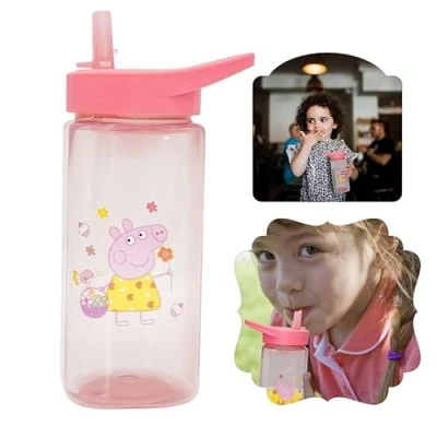 Image of Kids Water Bottle with Straw, 420ml Peppa Pig Plastic Square Drink Pink BPA Free Straw Sipper for 6+ Months