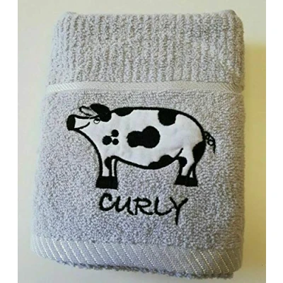 Image of Sue Rossi Ltd 100% Turkish Cotton Tea Towels Embroidered Animal Cooks Cloth 3 Pack Kitchen Towel Set (Silver Grey Pig)