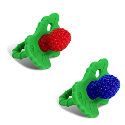 Image of RaZbaby RaZberry Silicone Baby Teether Toy Berrybumps Soothe Babies Sore Gums Infant Teething (2 Pack), red and Blue