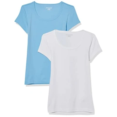Image of Amazon Essentials Women&#039;s Slim Fit Cap Sleeve Scoop Neck T Shirt, Pack of 2, White/Light Blue, M