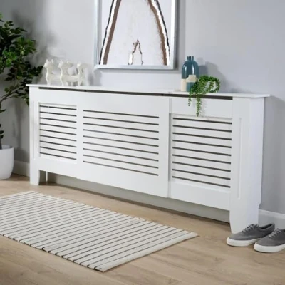 Image of Home Source Extending Radiator Cover Wooden MDF Wall Cabinet Slatted Grill, White, Adjustable