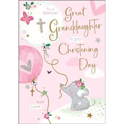 Image of Great Granddaughter Christening Congratulations Card Special Elephant and Balloons Finishes Illustrated Insert Leaf Made in the UK