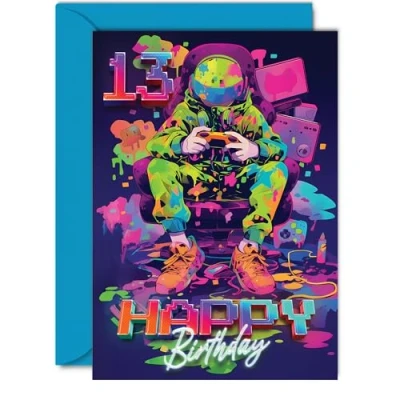Image of 13th Birthday Cards for Girls Boys Video Gamer Game Happy 13 Card Son Daughter Nephew Niece Grandson, 5x7 Inch Thirteen Thirteenth Bday Greeting