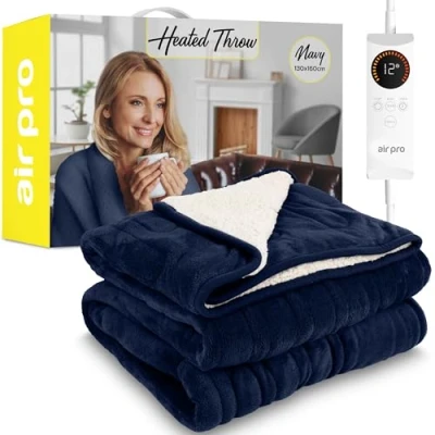 Image of Air Pro Heated Throw Electric Blanket Digital Controller Timer up to 9 hours, 6 Heat Settings, Auto Shutoff Machine Washable Single 130x160cm Navy Shearling